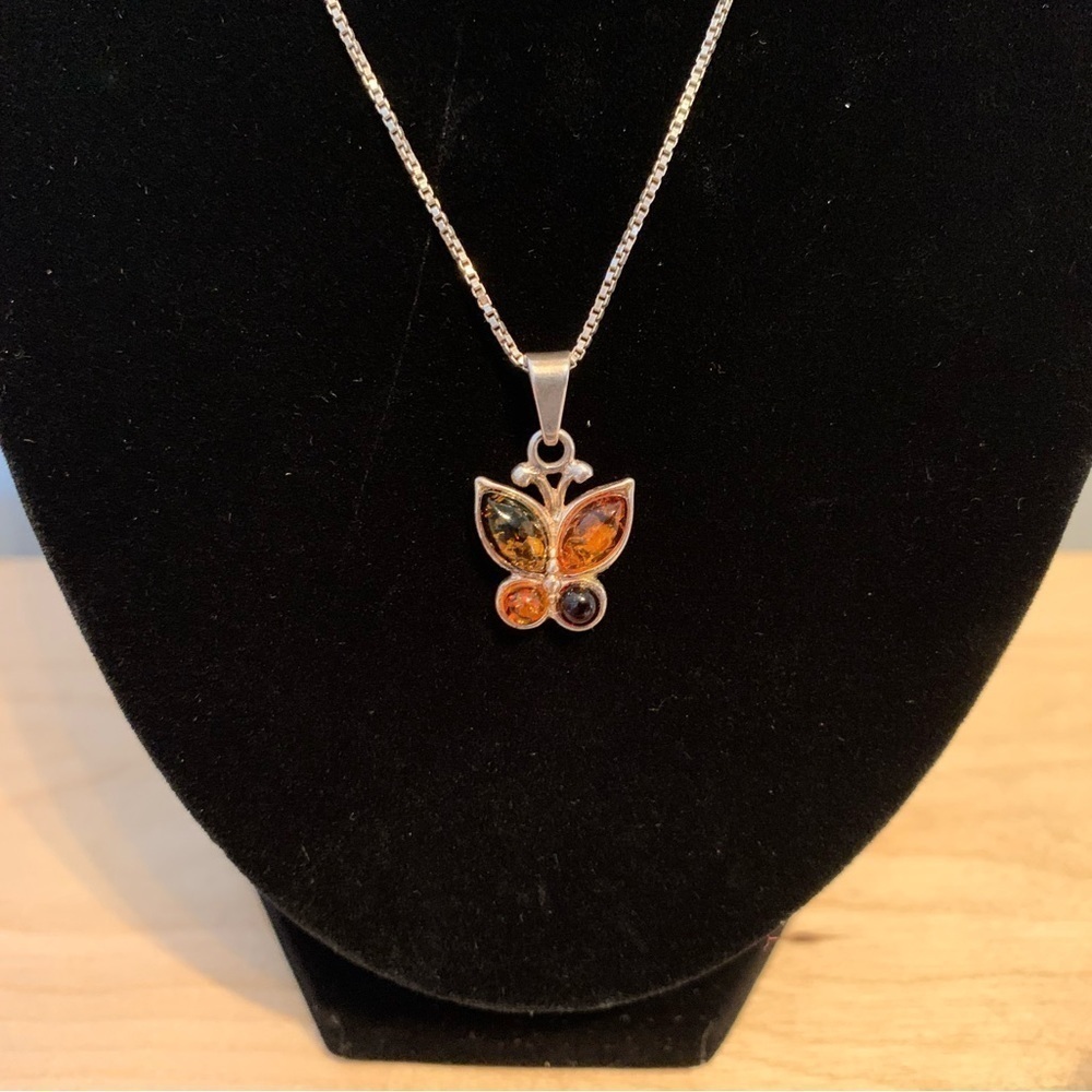 Sterling Silver Necklace Amber Butterfly Pendant Stamped 925 ENP Vintage.